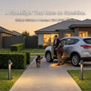 Rivix PT0723 solar path lights lining a suburban driveway at dusk with the headline "A Streetlight That Runs on Sunshine — 500LM OSRAM, 4 Modes, 12H, IP65, $159.99", showing a man arriving home with his dog and a partner visible cooking inside.