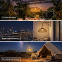 PT0901 Solar Lantern displayed in three usage scenarios: Garden Pergola, Apartment Balcony, and Camping & Caravan, illustrating its adaptability across residential and travel environments