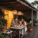A man and a woman sit at a wooden dining table on a covered outdoor deck, sharing tea and cookies under two woven pendant lights. The scene is set in a cozy, modern home with potted plants and warm ambient lighting.