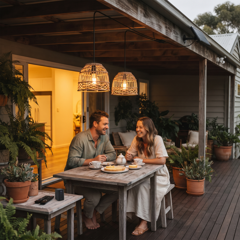 A man and a woman sit at a wooden dining table on a covered outdoor deck, sharing tea and cookies under two woven pendant lights. The scene is set in a cozy, modern home with potted plants and warm ambient lighting.