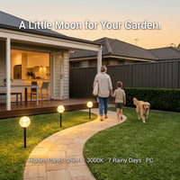 Family walking with a dog on a garden path illuminated by outdoor lights, with text overlay.