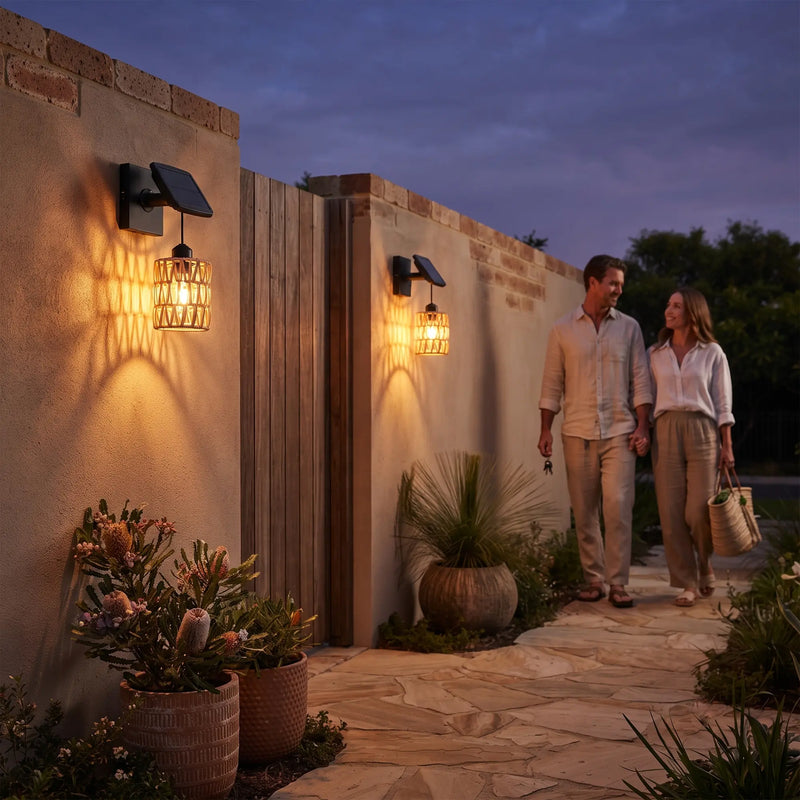 Couple walking past two PT0909 solar wall lights on stone-paved garden path at twilight; warm woven shadows illuminate brick and stucco walls — romantic, maintenance-free outdoor lighting for evening strolls.