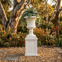 Outway F005 F006 Petra roman sandstone planter pedestal Australian native garden banksia kangaroo paw eucalyptus golden hour gravel