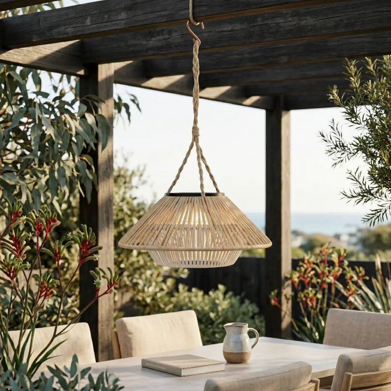 The HAIKU Bamboo Pendant Light hanging from a rustic wooden pergola in a lush garden setting during the day, emphasizing its natural woven texture and seamless integration with outdoor landscaping and patio furniture.