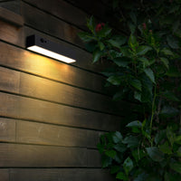 A rectangular black outdoor wall light mounted on a dark wooden wall, casting a warm yellow glow, with green foliage and a red flower in the foreground at night.