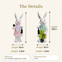 Product dimension chart showing Lumi A002 girl rabbit 18cm length 2.4kg and boy rabbit 58cm height 18cm length 2.3kg made from eco-friendly magnesium oxide with 6 to 8 hour charging time