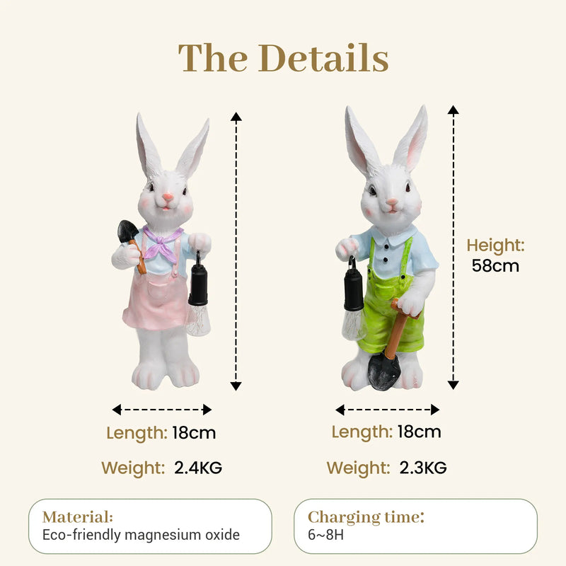 Product dimension chart showing Lumi A002 girl rabbit 18cm length 2.4kg and boy rabbit 58cm height 18cm length 2.3kg made from eco-friendly magnesium oxide with 6 to 8 hour charging time