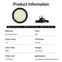 Product specification sheet for the Outway high bay LED light showing dimensions, materials (die-cast aluminium), IP65/IK08 rating, 6500K colour temperature, 100–240V voltage, and 1.5m AU plug.