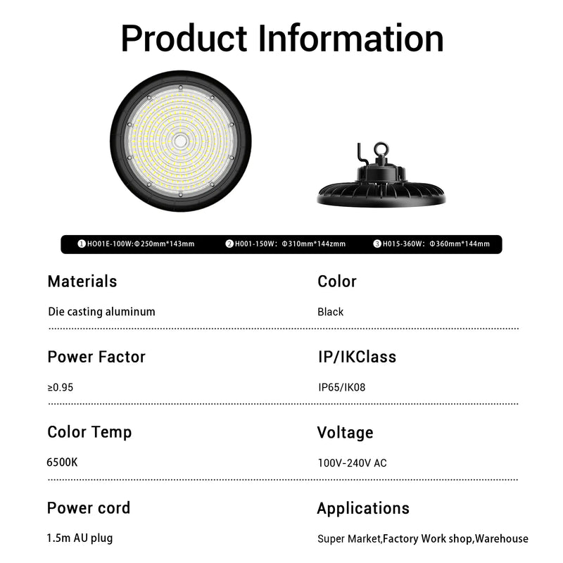Product specification sheet for the Outway high bay LED light showing dimensions, materials (die-cast aluminium), IP65/IK08 rating, 6500K colour temperature, 100–240V voltage, and 1.5m AU plug.