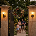 Family walking through a gate with decorative wreath and lights in the background