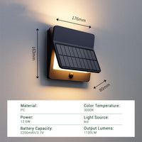 Product dimensions and specifications — 176mm height, 163mm width, 80mm depth — PC material, 3000K colour temperature, 12.6W power, LED light source, 2200mAh/3.7V battery capacity, 1100 lumens output