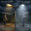 T008 vs T007 solar street light rain comparison showing T008 auto 3000K warm light and T007 fixed 6500K cool light with man walking in rain