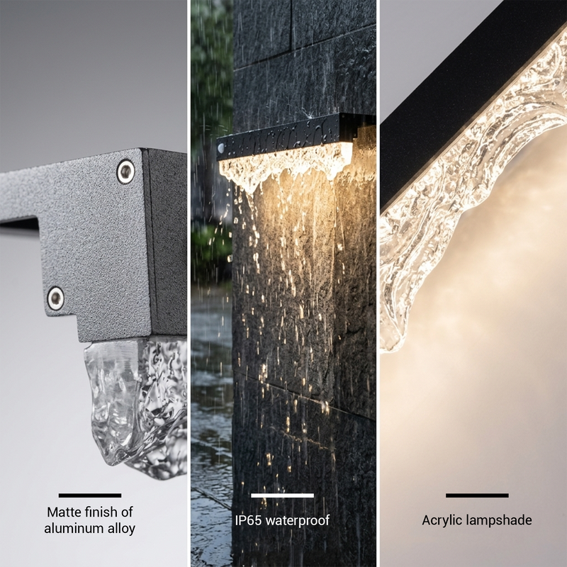 Outdoor wall light fixture with different features highlighted on a gray background.