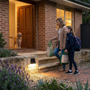 PT0713 Taurus Solar Wall Step Light Woman and child with bags walking up steps to a house with a dog on the porch.