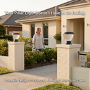 OUTWAY Priva PT0111 solar pillar cap lights on twin white brick entrance pillars of an Australian suburban home at golden hour with a woman watering plants and text overlay Your Pillar Light Doesnt Have to Be Boring Pumpkin Design 3 Colours All Night Auto Dusk-Dawn