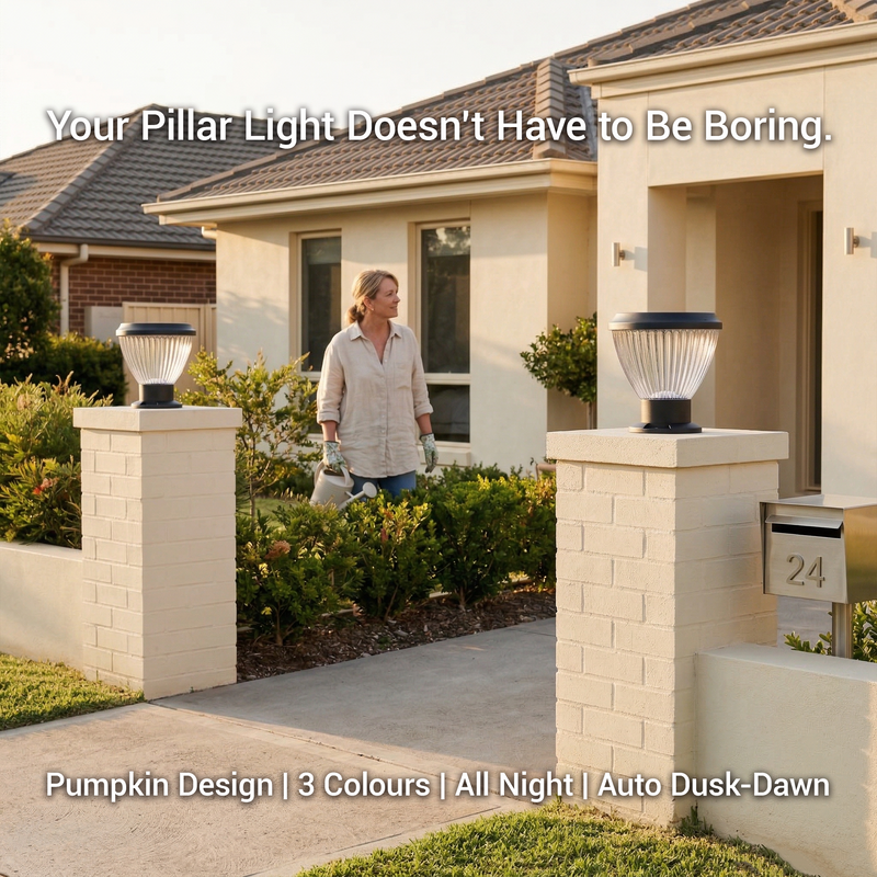 OUTWAY Priva PT0111 solar pillar cap lights on twin white brick entrance pillars of an Australian suburban home at golden hour with a woman watering plants and text overlay Your Pillar Light Doesnt Have to Be Boring Pumpkin Design 3 Colours All Night Auto Dusk-Dawn
