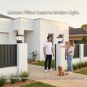 Young family with baby and golden dog standing at entrance of modern white rendered home in daytime, two Nexi Solar Pillar Lights PT0112 on white fence pillars, text overlay: Modern Pillars Deserve Modern Light. Moon-Gazing Design, 3 Colours, All Night, Auto Dusk-Dawn