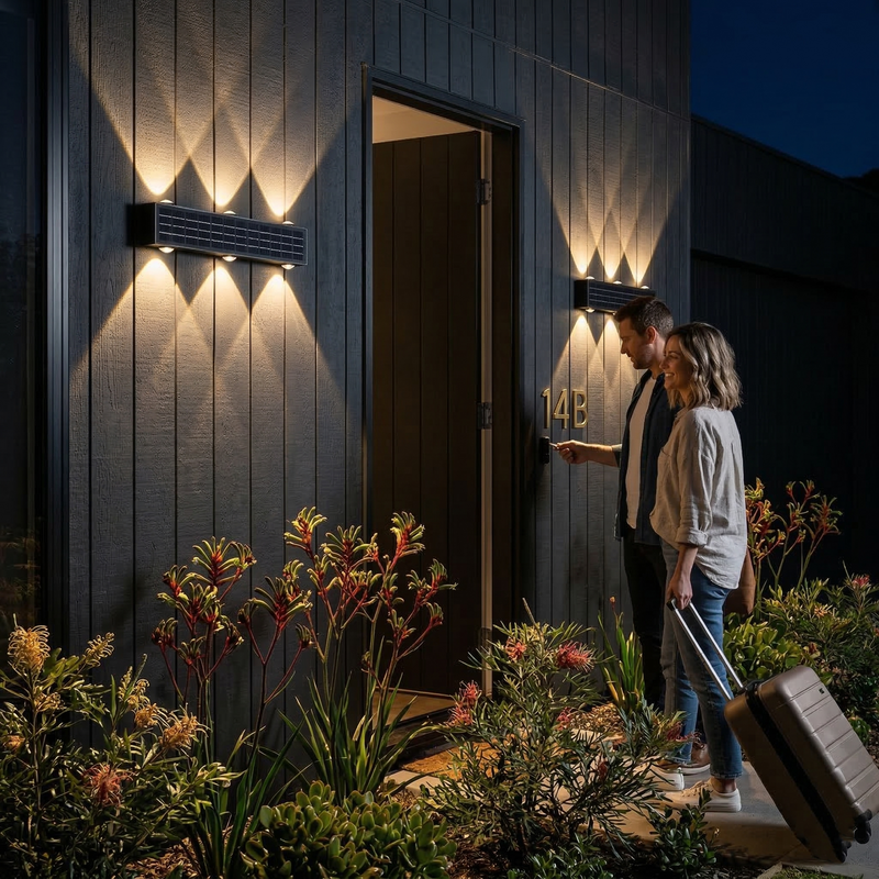 Two people standing at a house entrance at night, with one holding a suitcase and the other knocking on the door. The house exterior has dark wood siding and two modern rectangular wall lights casting warm light beams.