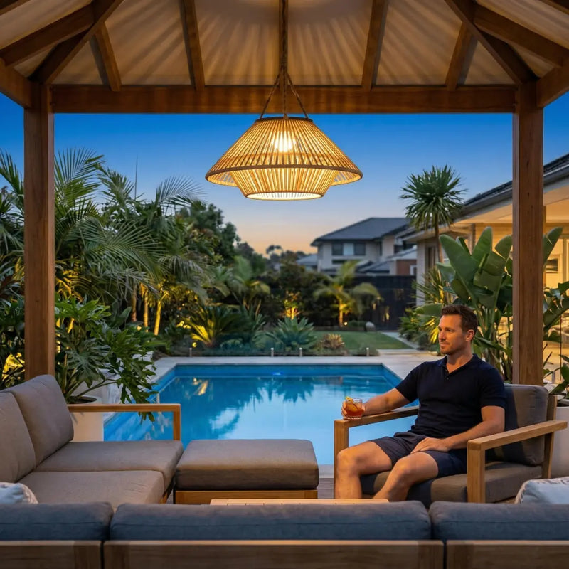 A man relaxing in a gazebo by a swimming pool at dusk, with the HAIKU solar light providing warm, inviting illumination overhead, creating a luxurious and tranquil resort-style atmosphere.
