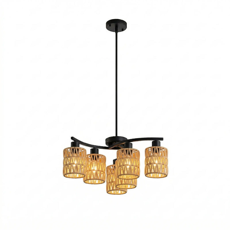 Outway PT0912 solar rattan pendant light six heads glowing evenly under timber pergola string lights visible beyond evening sky