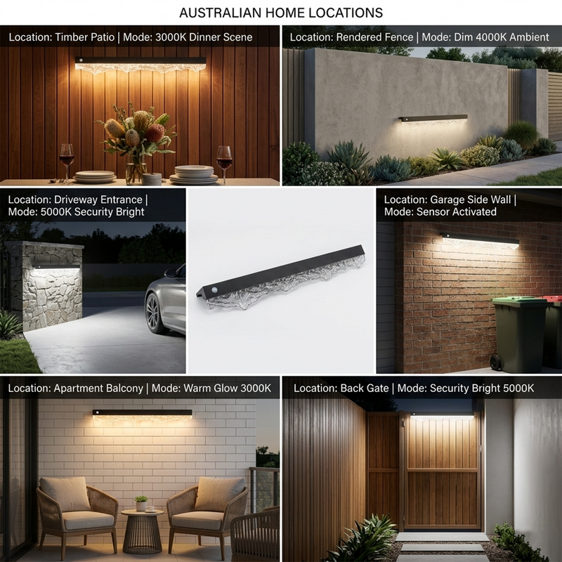 Outway Solar Wall Light in six Australian home locations – Timber Patio 3000K, Rendered Fence 4000K, Driveway Entrance 5000K, Garage Side Wall sensor mode, Apartment Balcony warm glow, Back Gate security bright