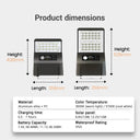 T008 solar street light product dimensions showing 438mm and 535mm height variants with aluminum alloy plus PC material and IP65 waterproof rating specs