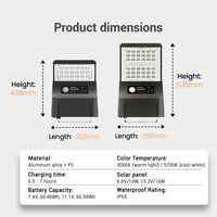 T008 solar street light product dimensions showing 438mm and 535mm height variants with aluminum alloy plus PC material and IP65 waterproof rating specs