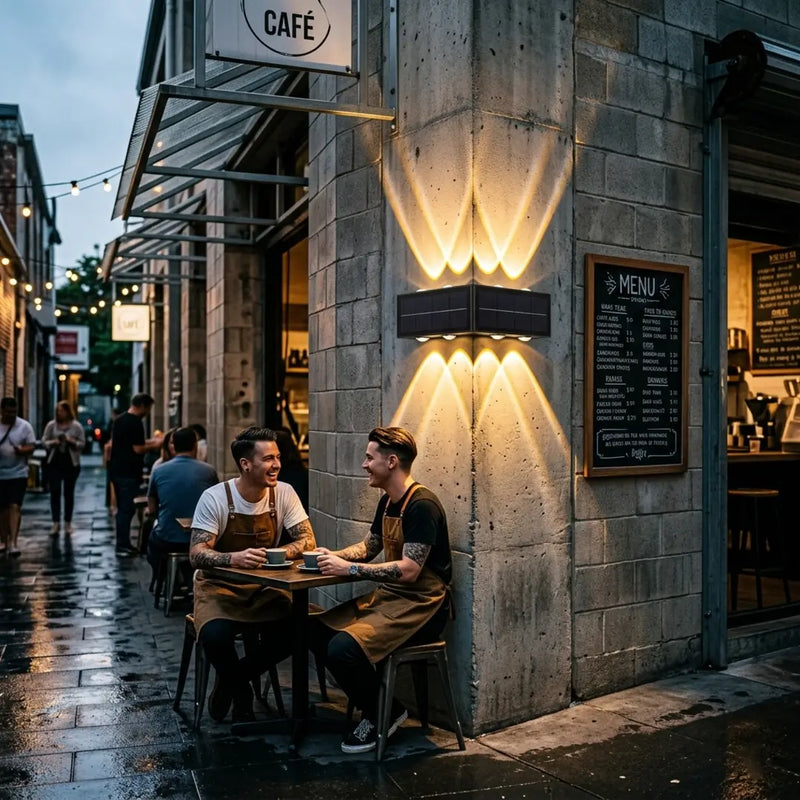 Two baristas taking a break at an outdoor table in front of a cafe, illuminated by the Grivo solar corner light mounted on a commercial concrete brick corner, highlighting its suitability for hospitality and business exterior lighting.