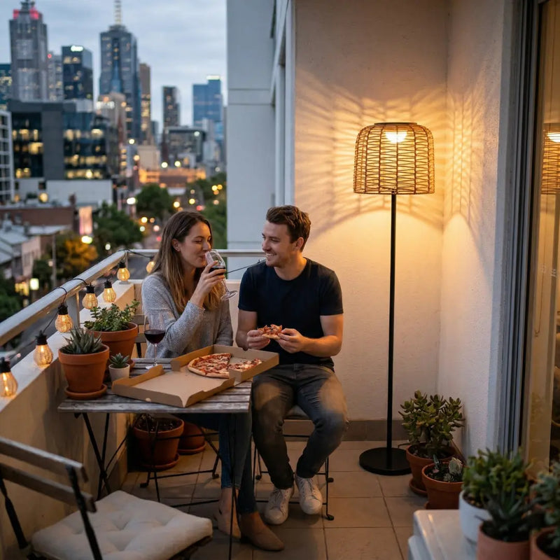 Young couple enjoying a romantic pizza dinner on a city apartment balcony at dusk, illuminated by a tall woven rattan floor lamp and string lights, with a blurred urban skyline in the background.