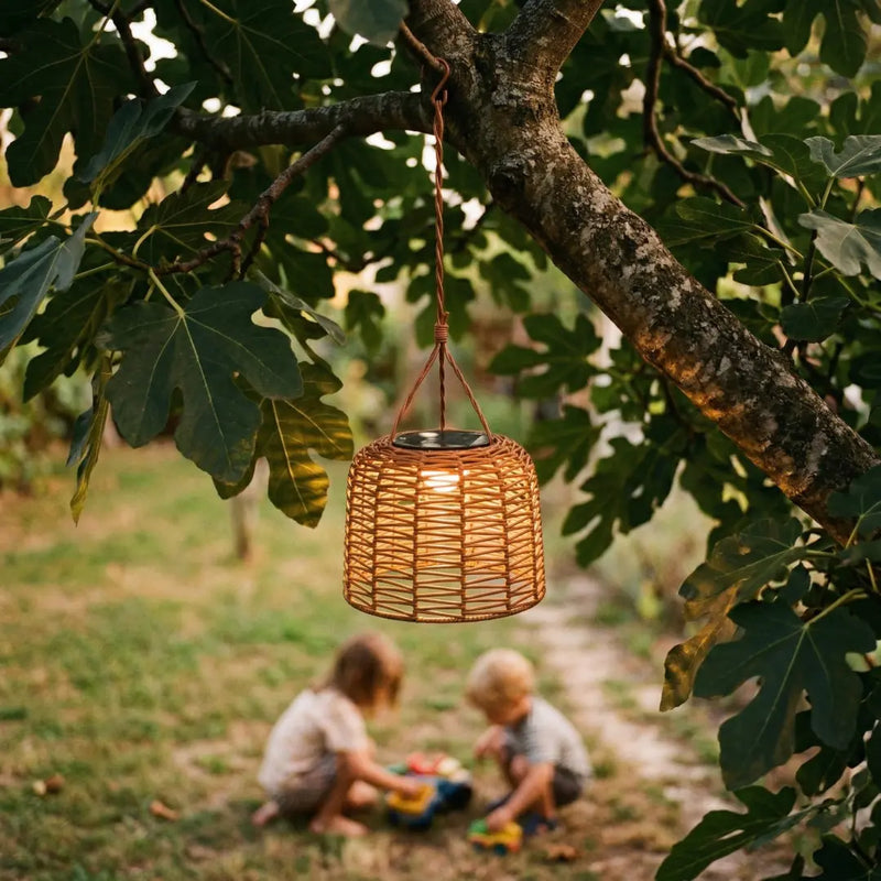 PT0907 Solar Pendant Light suspended from a fig tree branch in a backyard garden, with two children playing softly blurred in the background. Warm glow enhances family-friendly outdoor ambiance — ideal for gardens, patios, or tree-mounted installations.