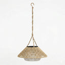 A clean, high-resolution studio shot of the HAIKU Handwoven Solar Ceiling Light isolated on a white background, clearly displaying the intricate bamboo weaving, rope suspension, and integrated solar panel on top.