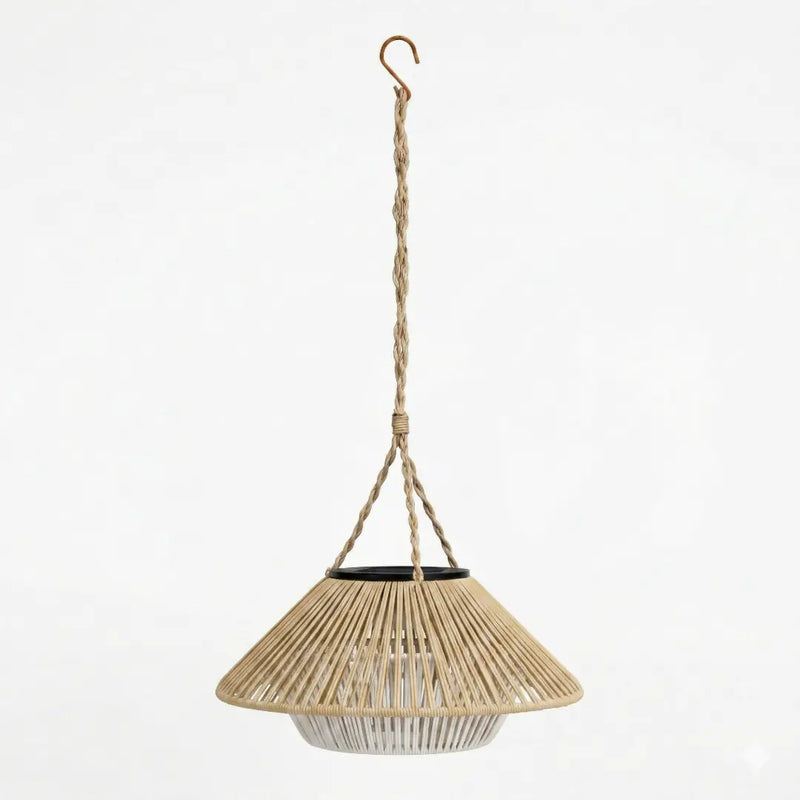 A clean, high-resolution studio shot of the HAIKU Handwoven Solar Ceiling Light isolated on a white background, clearly displaying the intricate bamboo weaving, rope suspension, and integrated solar panel on top.