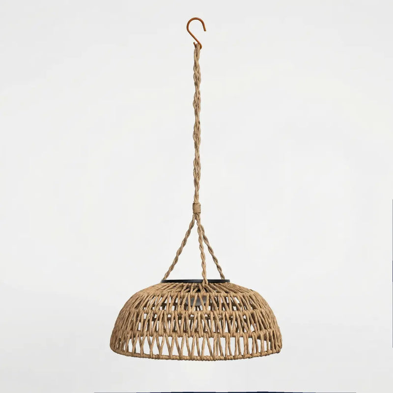 The PT0901 Kiku Solar Rattan Hanging Lantern isolated on a white background, featuring a handwoven PE rattan shade, hemp-grain rope, and a top-mounted solar panel with a hook.