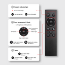 Remote control with labeled buttons for power, color temperature, mode, and timer on a gray background.