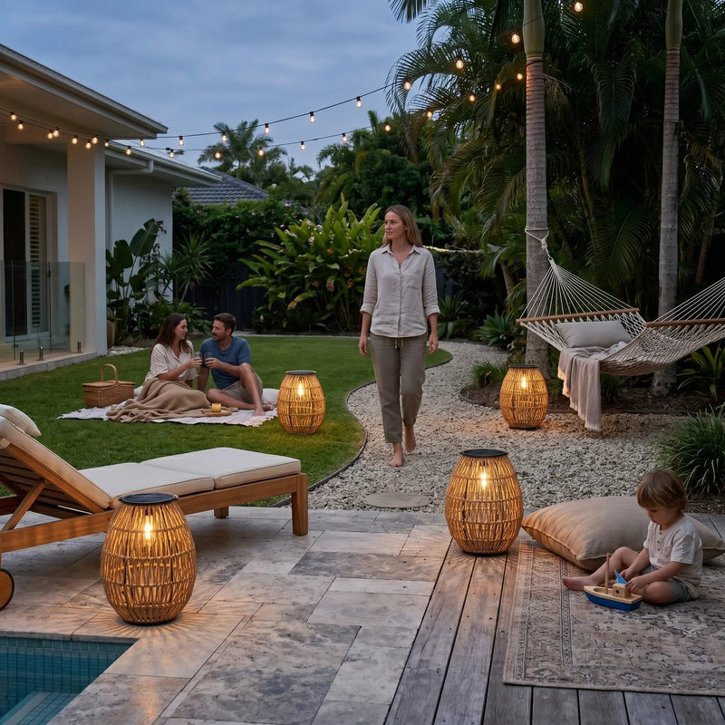 Family gathering in backyard with PT0906 solar rattan lights, string lights, hammock, picnic setup, outdoor entertainment lighting