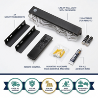 Outway Solar Wall Light complete box contents – Iceberg linear wall light with PIR sensor, remote control, 2x mounting brackets, mounting hardware pack, Fix-All adhesive tube, 2x AAA batteries. Free AU shipping, 1-year warranty, IP65 waterproof, AU-based support