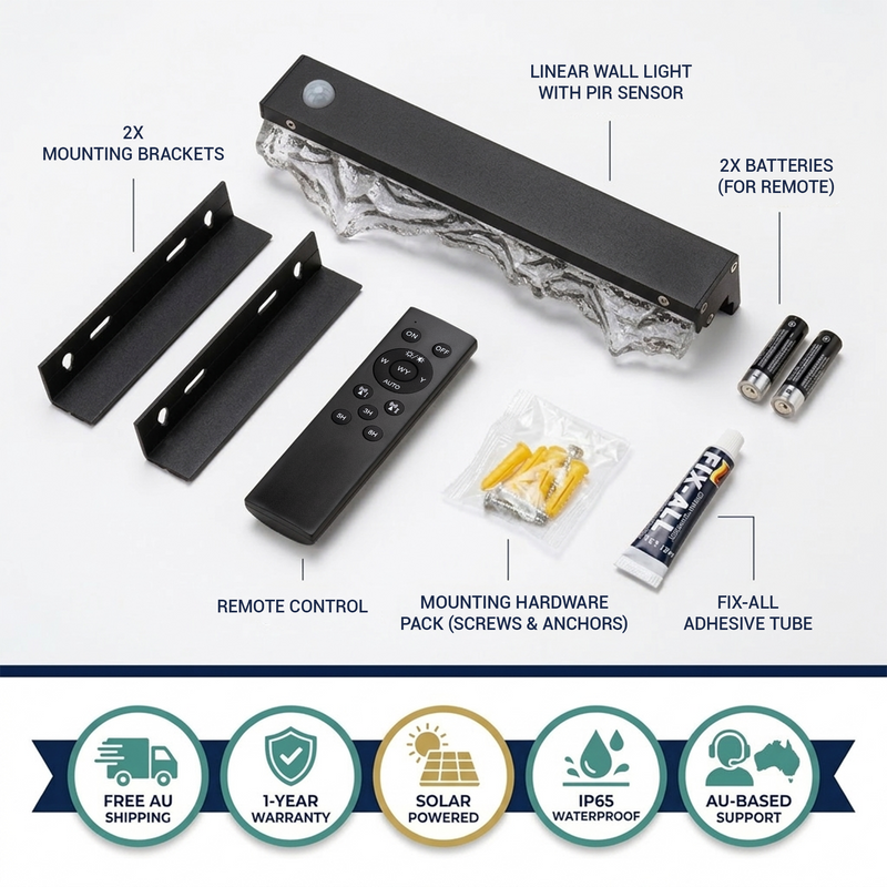 Outway Solar Wall Light complete box contents – Iceberg linear wall light with PIR sensor, remote control, 2x mounting brackets, mounting hardware pack, Fix-All adhesive tube, 2x AAA batteries. Free AU shipping, 1-year warranty, IP65 waterproof, AU-based support