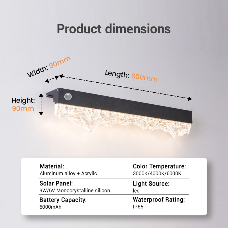 Product dimensions and specifications of a solar light fixture on a gray background