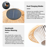 A promotional product graphic for a solar-powered rattan-style outdoor light with text callouts explaining dual charging modes and handmade rattan weaving. The top-left inset shows the charging connection, and the right side includes descriptive copy over a clean white background.
