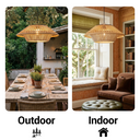 A split comparison showing a woven pendant light in two settings: on the left, hanging over a dining table outdoors with greenery in the background, labeled 'Outdoor'; on the right, hanging in a warmly lit living room with a sofa, window, and bookshelves, labeled 'Indoor'.