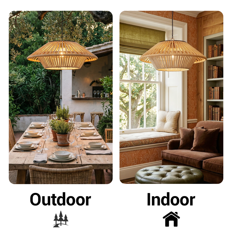 A split comparison showing a woven pendant light in two settings: on the left, hanging over a dining table outdoors with greenery in the background, labeled 'Outdoor'; on the right, hanging in a warmly lit living room with a sofa, window, and bookshelves, labeled 'Indoor'.