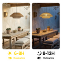 A split comparison showing a woven pendant light in two real dining-room settings: one bright daytime scene labeled 6-8H Charging time and one dim nighttime scene labeled 8-12H Working time. The product appears to be the hanging pendant lamp with a natural straw/rattan-style shade.