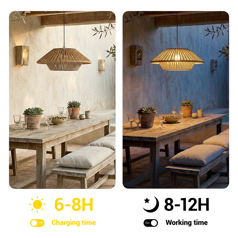 A split comparison showing a woven pendant light in two real dining-room settings: one bright daytime scene labeled 6-8H Charging time and one dim nighttime scene labeled 8-12H Working time. The product appears to be the hanging pendant lamp with a natural straw/rattan-style shade.