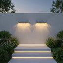 Two outdoor wall lights illuminating a set of steps with plants on either side.