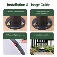 Step-by-step installation guide for a solar pillar light with images and text.