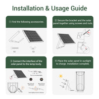 Installation and usage guide for a solar panel system with step-by-step instructions.