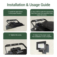 Installation guide for LED motion sensor floodlight with step-by-step instructions.