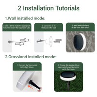 Round solar lights Installation tutorials for wall and grassland modes.