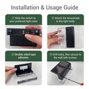 Installation and usage guide infographic showing four steps: sliding a switch to set the light color, attaching a clear lampshade, double-sided tape adhesion, and drilling screws to secure the solar light to a wall.