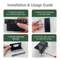 Installation and usage guide infographic showing four steps: sliding a switch to set the light color, attaching a clear lampshade, double-sided tape adhesion, and drilling screws to secure the solar light to a wall.
